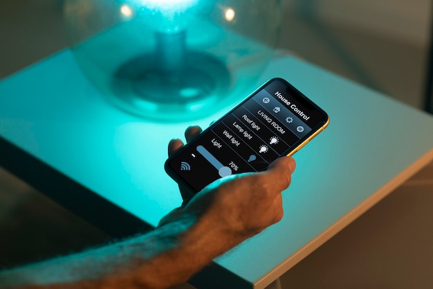 man-using-smartphone-his-automated-home_23-2149036894
